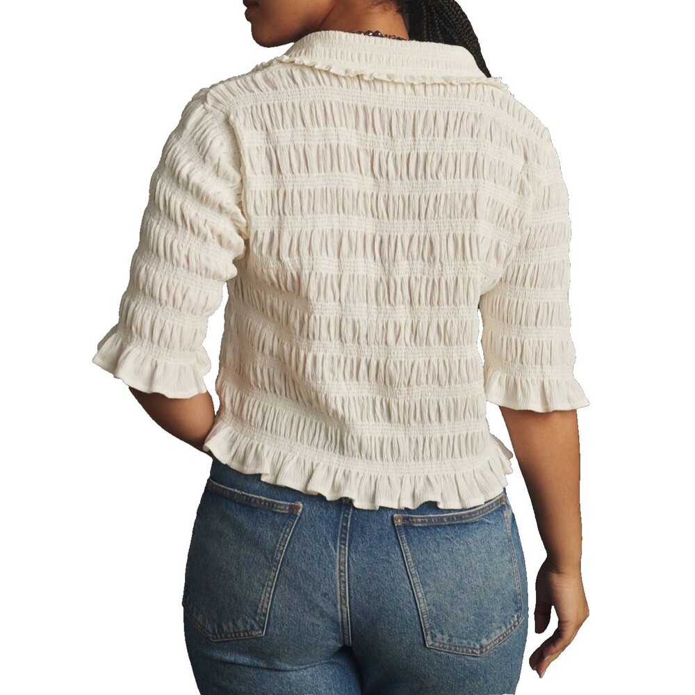 MAEVE Anthropologie Smocked Button Front Top XS Ivory Natural Cottagecore Chic - Picture 3 of 16